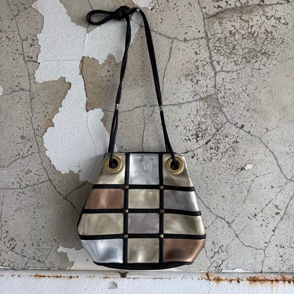 Y2K Patchwork Shoulder Bag Metallic Grommet Bucket Tote Purse Glam City Chic - Picture 2 of 8